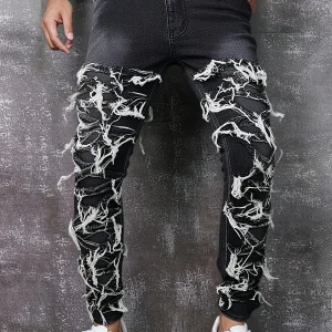 Men's  street style patchwork fringe jeans long