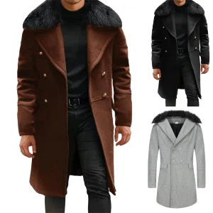 Men s wool blend Double Breasted Trench Coat with Removable Fur Collar