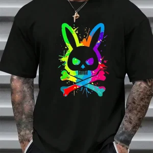 Men's Summer Pure Cotton Skull and Rabbit Print T-shirt