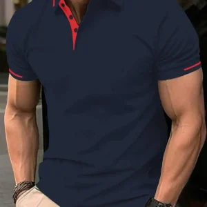 Men's Navy Blue Solid Polo Shirt with Red Trim Collar and Cuffs