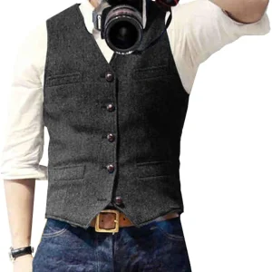 Men's Suit Vest V Neck Wool Herringbone