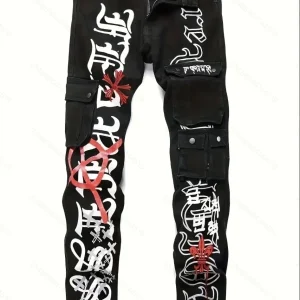 New European and American black washed embroidery jeans