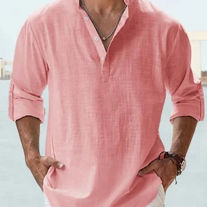 Men's Linen Stand Collar Long Sleeve  Loose Fit; Solid Color
