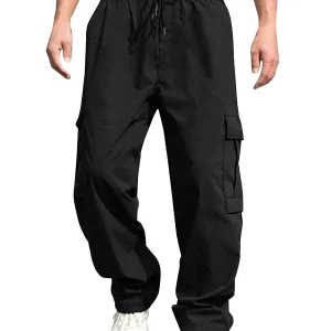 Men s Loose Cargo Pants Drawstring Waist with Pockets