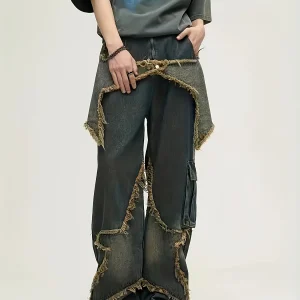 Star Design Jeans for Men,  Large Pocket Frayed Casual Pants