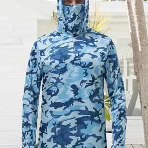 Men s Fishing Shirt Camo Print Hoodie with Built-in Face Mask