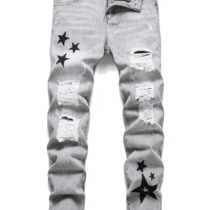 Men's Jeans -  Mid-Rise  Embroidered Vintage  Street Denim